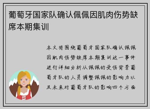 葡萄牙国家队确认佩佩因肌肉伤势缺席本期集训