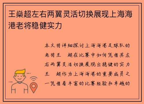 王燊超左右两翼灵活切换展现上海海港老将稳健实力